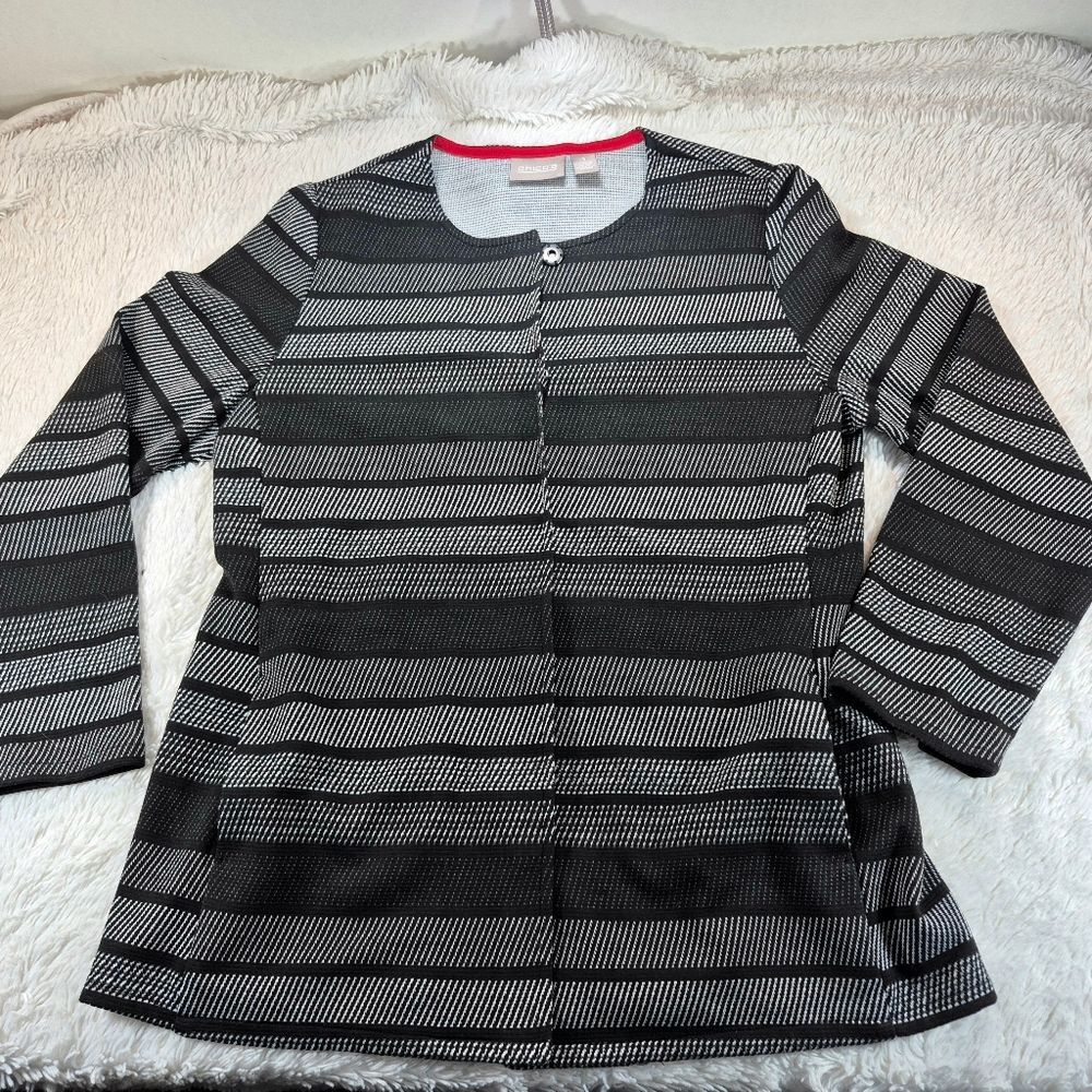 NWOT Chico's Black Gray Striped Jacket/Cardigan Lightweight Sweater Top Size 1. - Picture 4 of 9